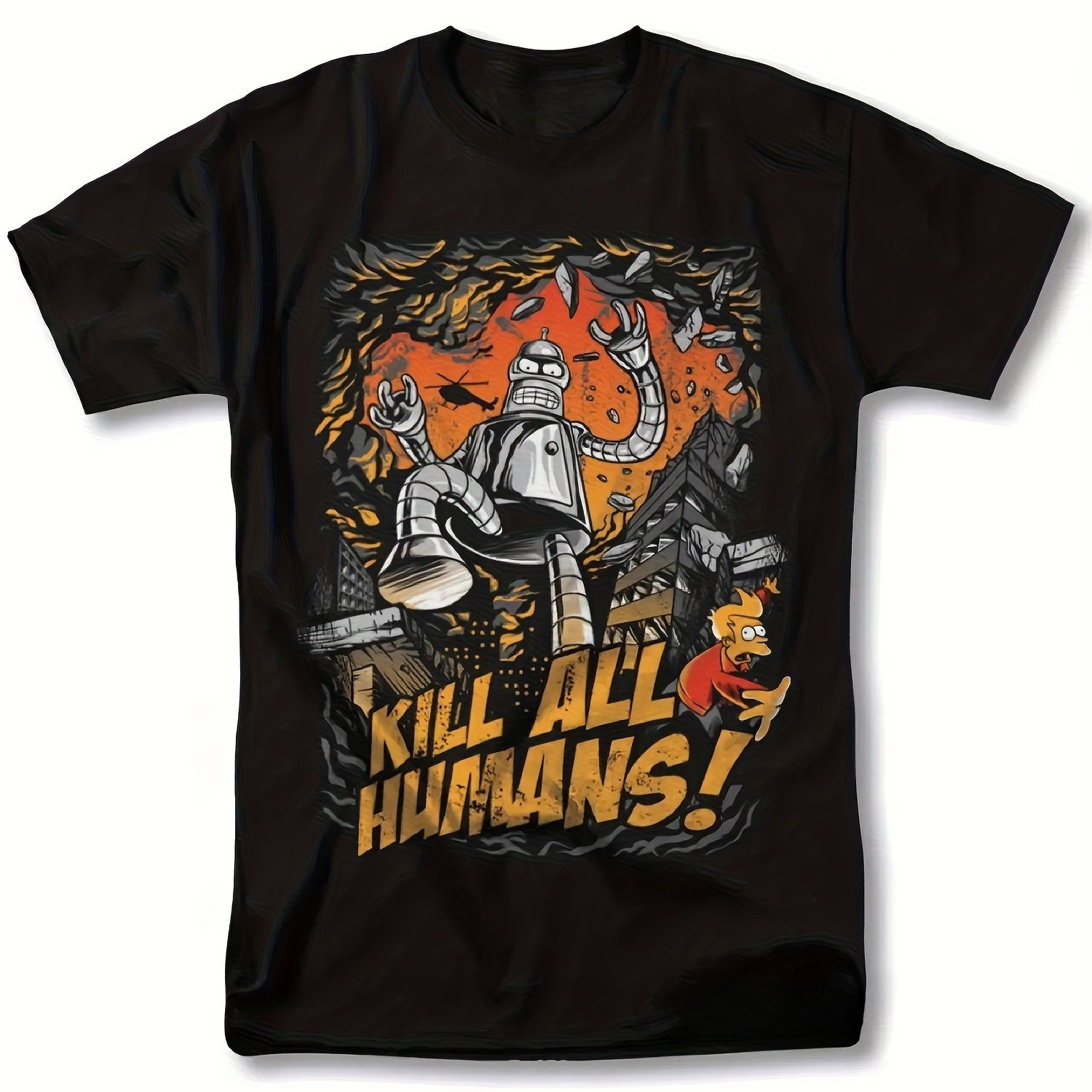 Futurama Bender Robot Kill All Human T-shirt grafica nera a maniche corte girocollo con design a esplosione di fiamma