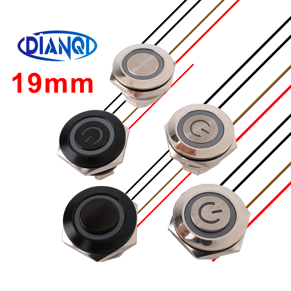 19mm Ultra krótki metalowy przełącznik przyciskowy z przewodem Chwilowy reset LED Światło płaskie/wysoka główka Zielony Niebieski Czerwony Czarny Korpus 3-6V