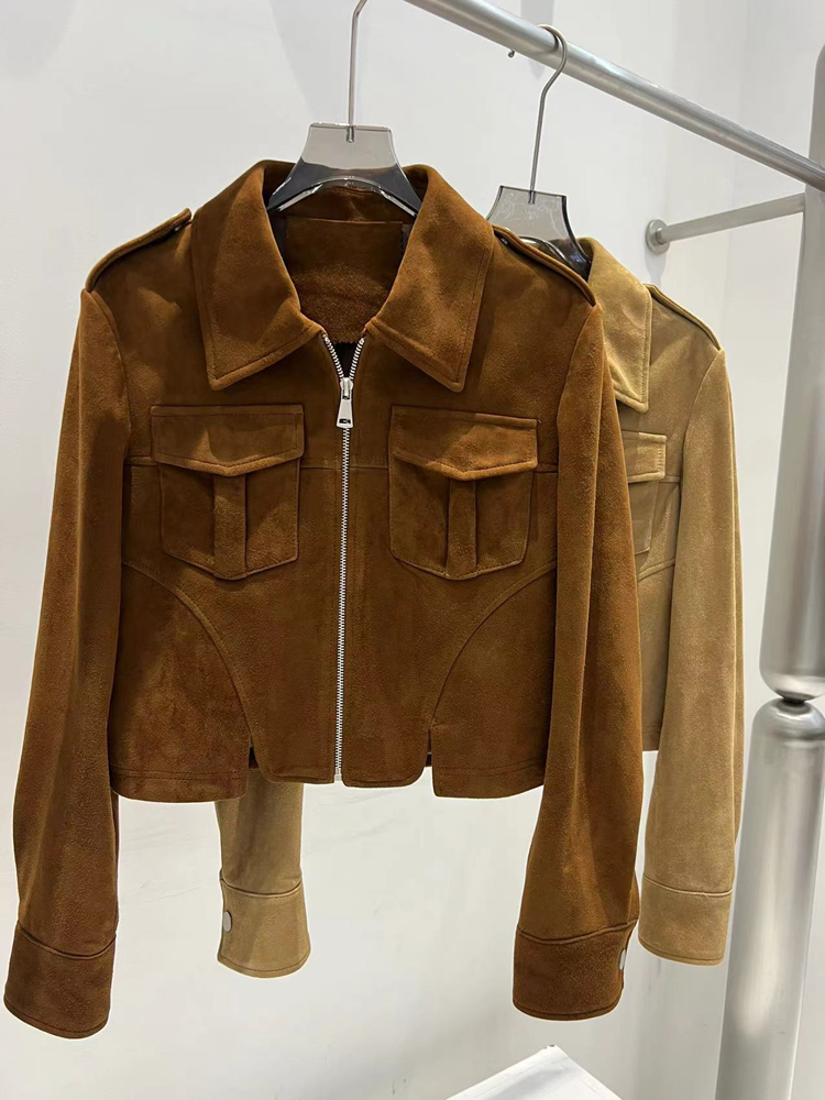 2025 Spring Trend Women Clothing Retro Suede Leather Crop Jacket  Flip Collar Pocket Epaulet Slim Fit Short Coat Chaqueta Mujer