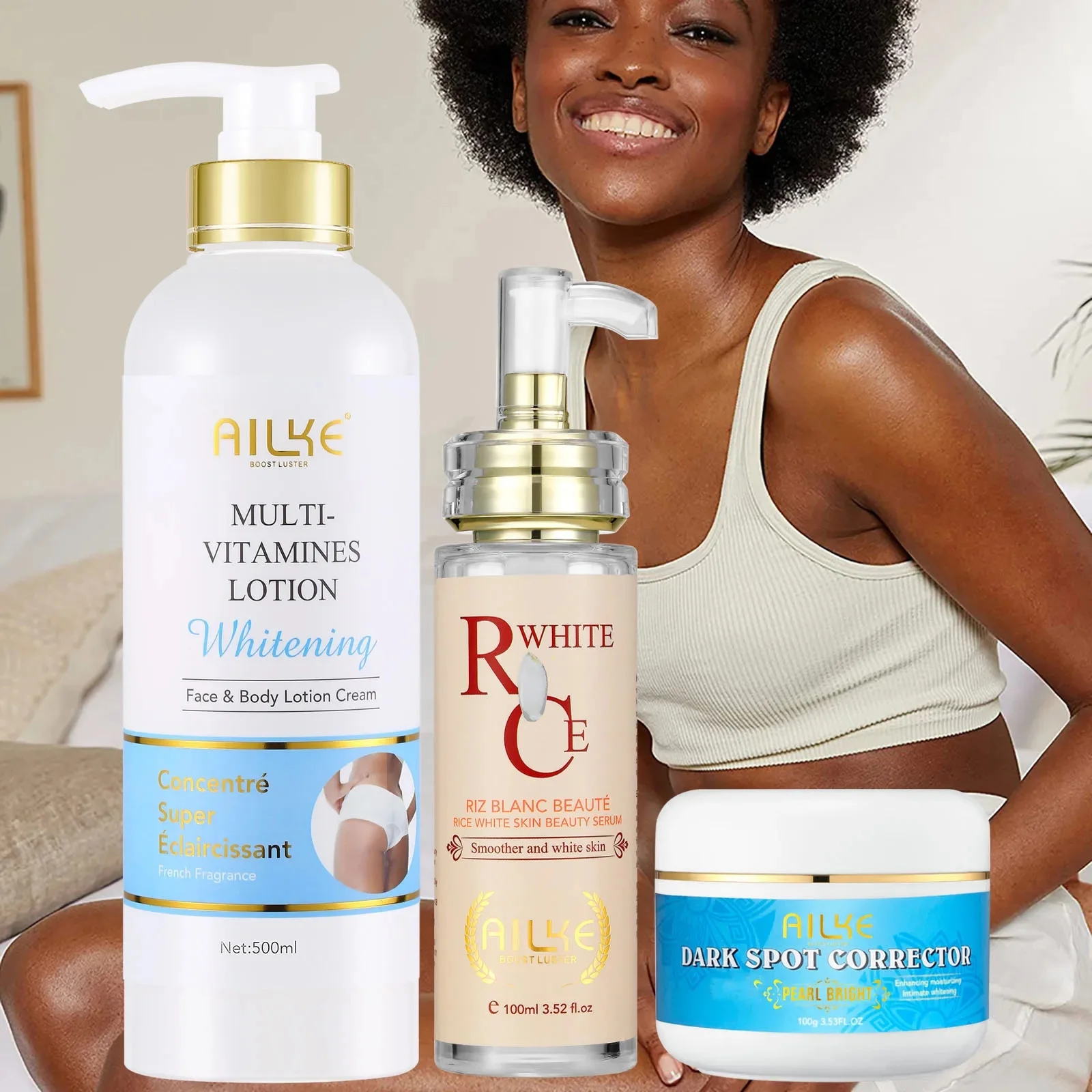 AILKE Kit de soin éclaircissant multivitamin naturel pour la peau, hydrate, tonifiante uniforme, élimine les taches foncées et blanches, peau propre et lisse