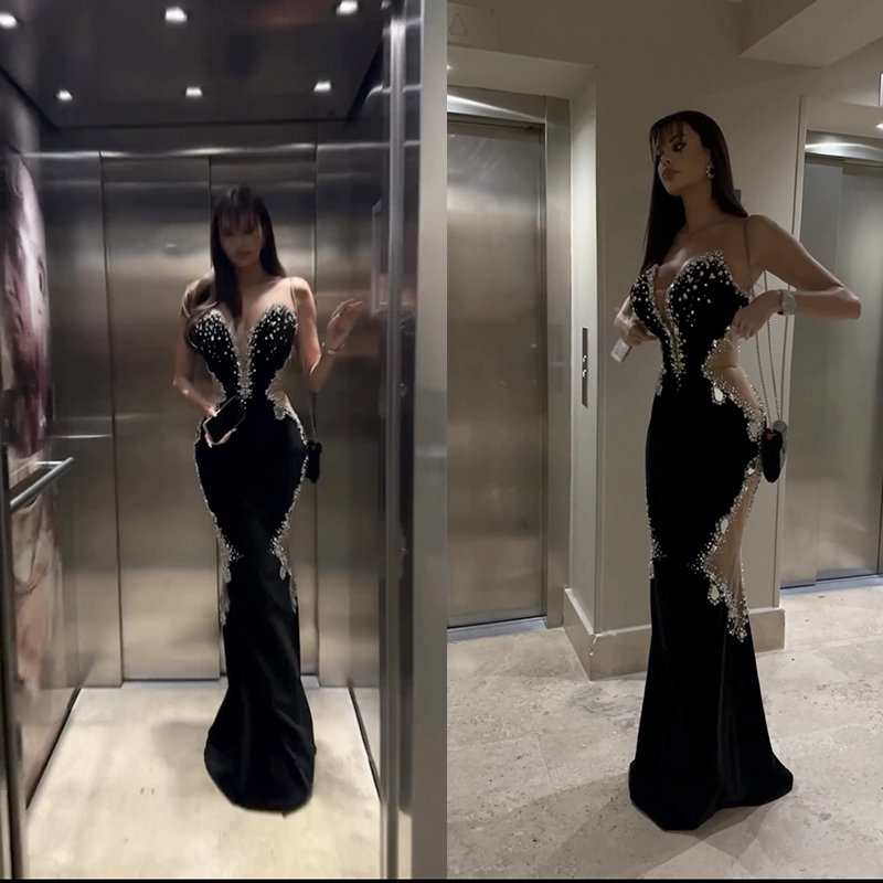 Fabrik-Großhandel für Damen, 2024, schwarz, trägerlos, Diamant-Mesh-Garn, sexy Promi-Cocktail-Party-Verband, langes Kleid