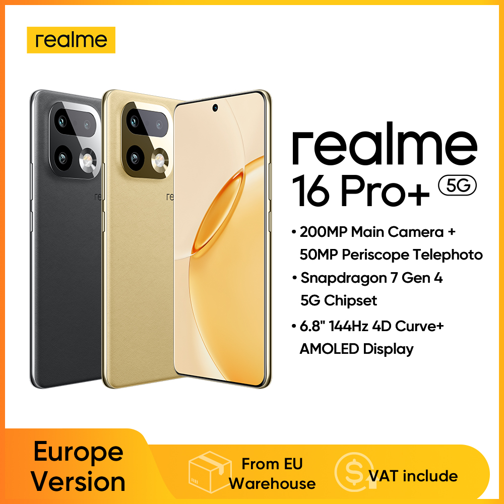 Smartphone Realme 16 Pro+ 5G desbloqueado, 8 GB + 256 GB, Dourado, tela AMOLED de 144Hz, bateria de 7.000 mAh, carregamento rápido SuperVOOC de 80W, câmera de 50 MP + 200 MP, chipset MediaTek Dimensity 7300 Max, à prova d'água IP69.