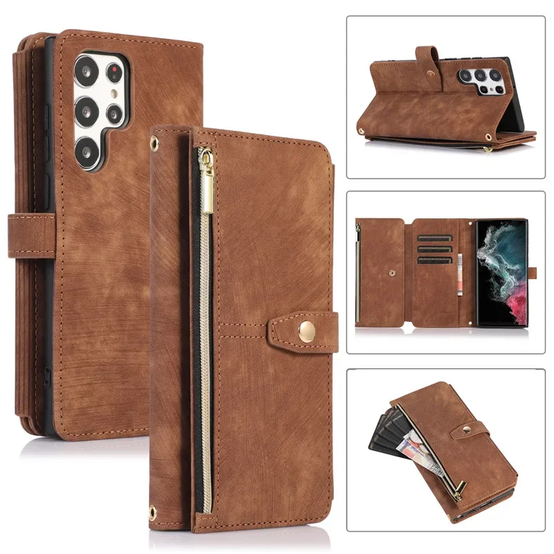 Funda de cuero con tapa tipo billetera con cremallera para Samsung Galaxy S25 S24 S23 Ultra S22 S21 FE S20 Plus 5G Note 20 10 + funda multitarjeta Coque
