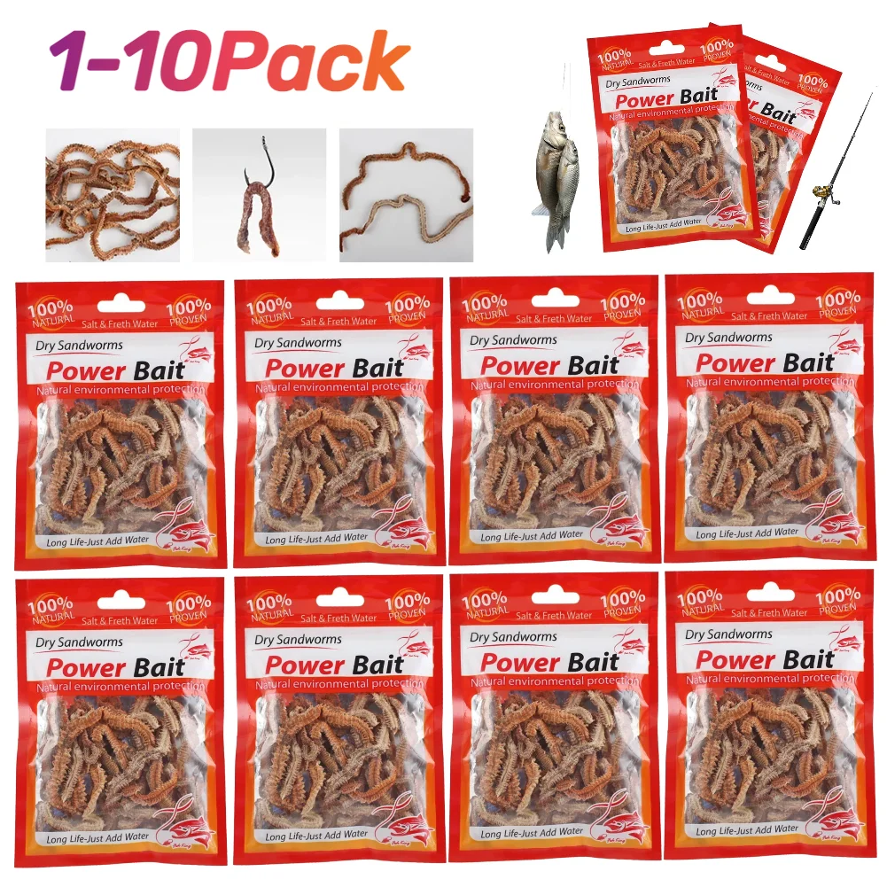 1-10 Pack Dry Sandworms Fishing Lures Lifelike Dry Lugworm Sandworms Artificial Sea Worms for Saltwater and Freshwater Fishing