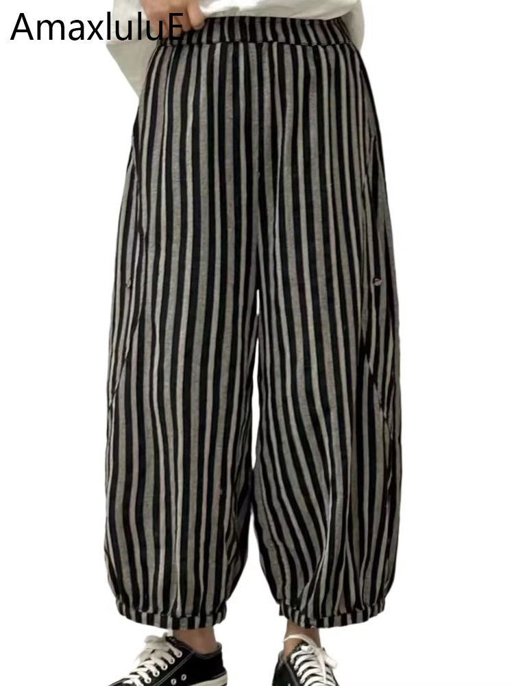 Amaxlulue 2025 verão bohemia moda feminina listrado design lazer harem calças senhoras soltas vintage elástico calças de cintura alta
