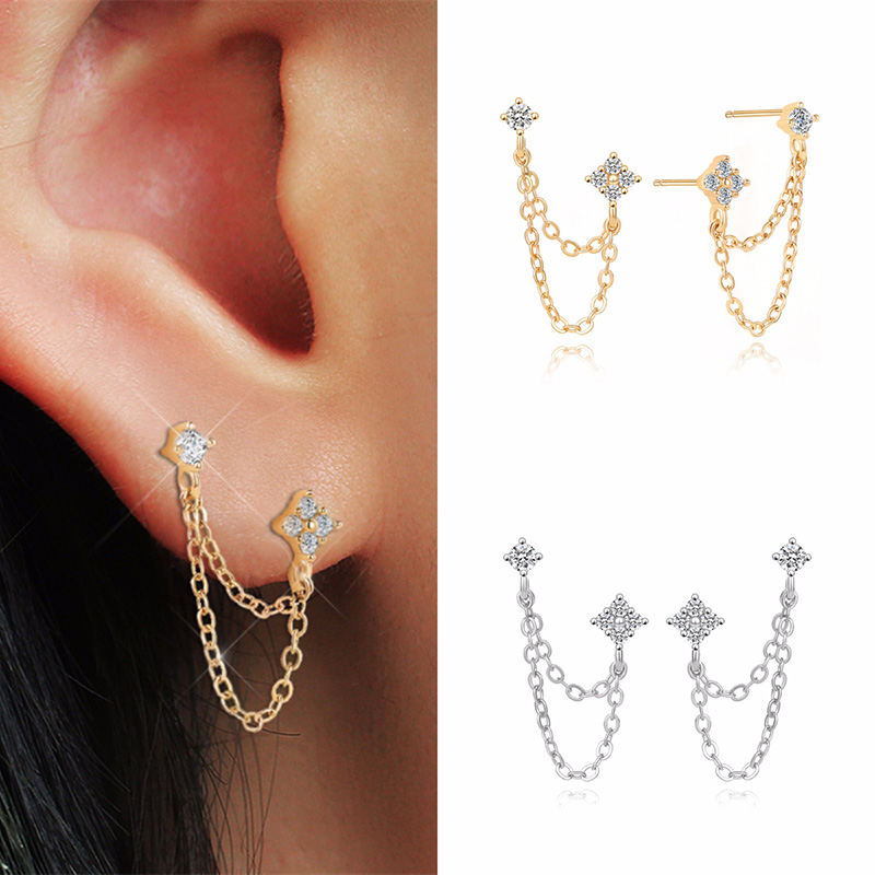 Huitan nouveauté Double clous d'oreille gland chaînes boucles d'oreilles suspendues pour les femmes Piercing d'oreille 3 couleur métal luxe CZ bijoux chauds