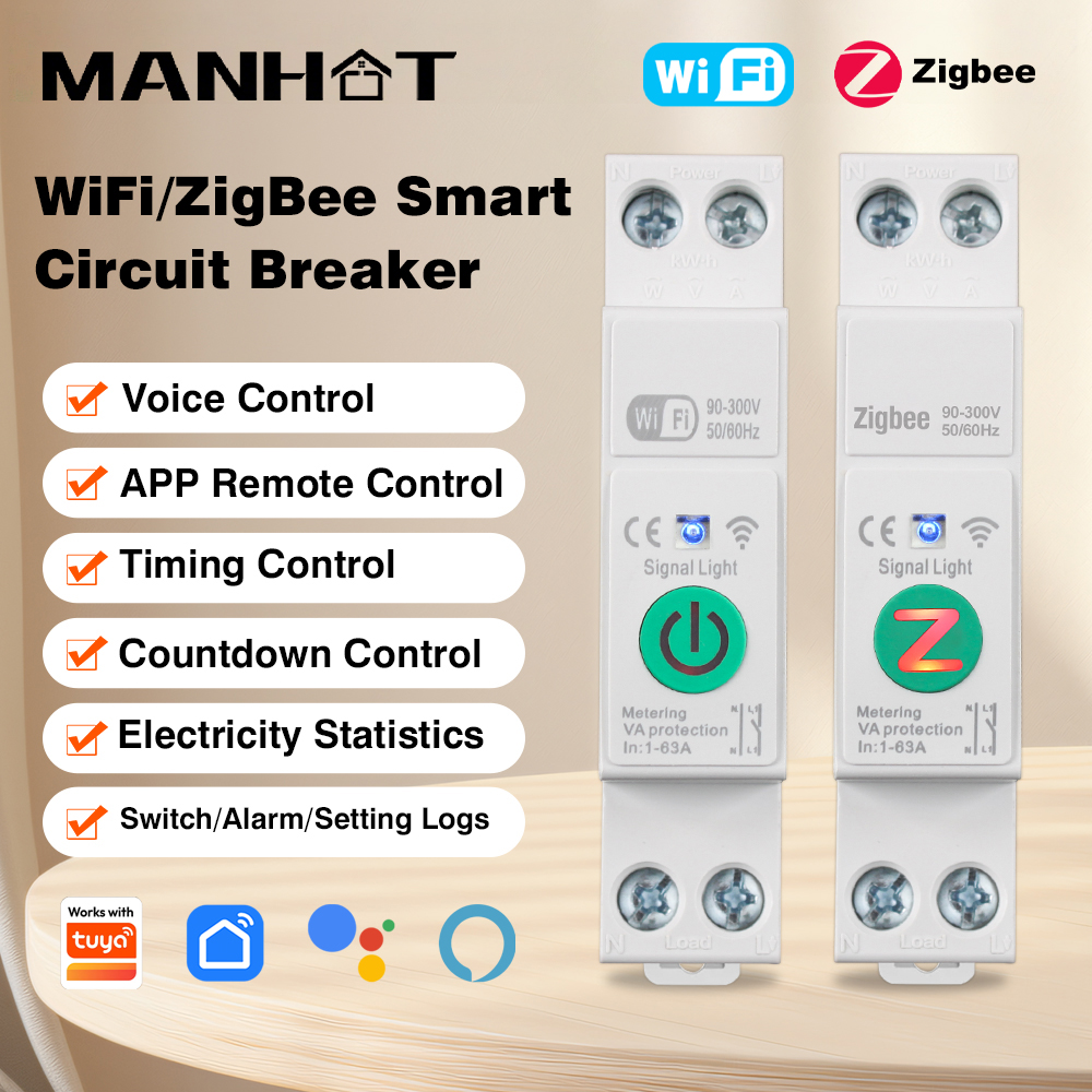 Interruptor de Circuito Inteligente WiFi/Zigbee MCB, Protección Contra Sobrecorriente y Bajo Voltaje, Medición de Energía, 1-63A 1P+N, Compatible con Smart Life, Google y Alexa