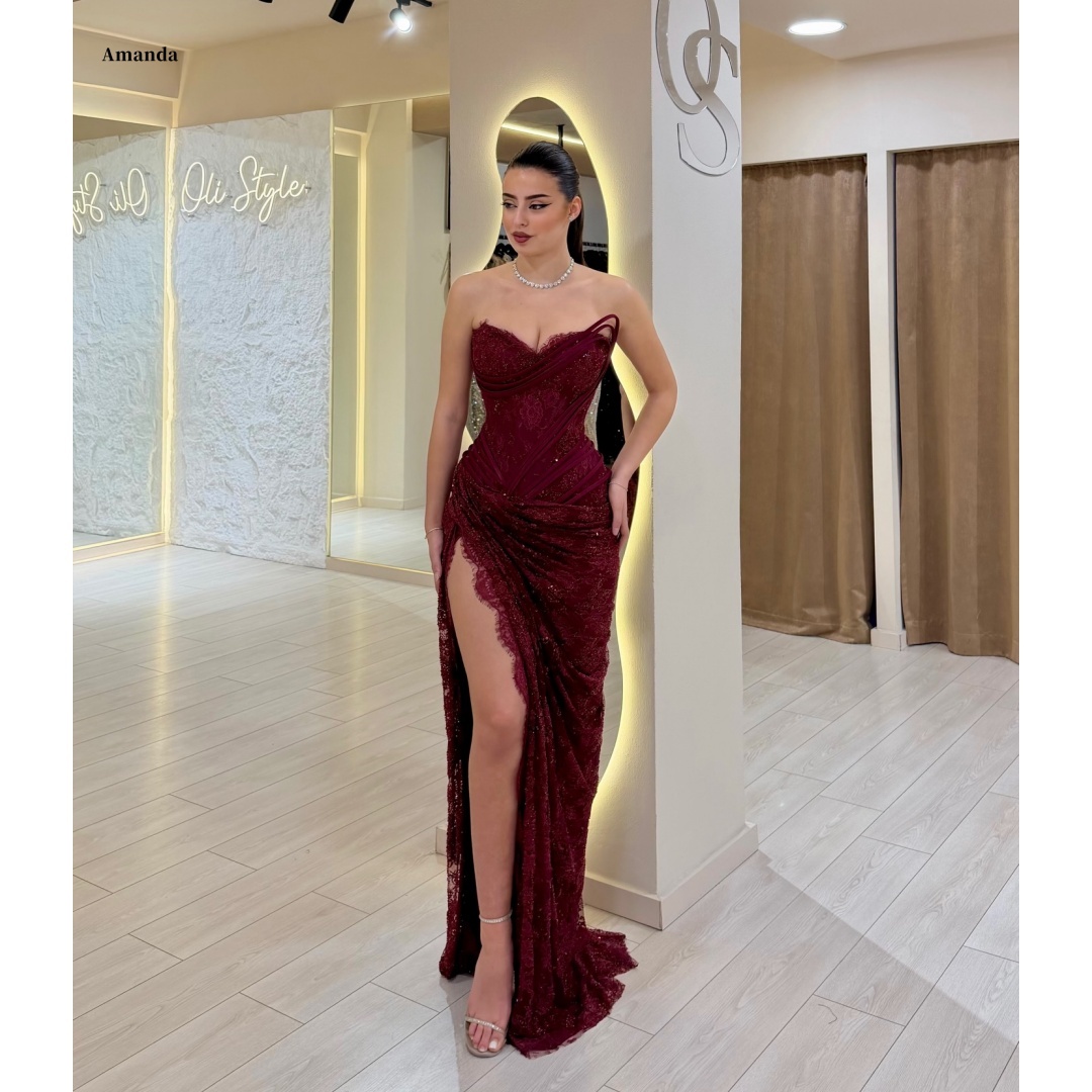 Amanda Customized Burgundy Strapless Prom Dress With Ruched Lace High Slit Trailing vestidos de noche Formal Evening Gown  2026
