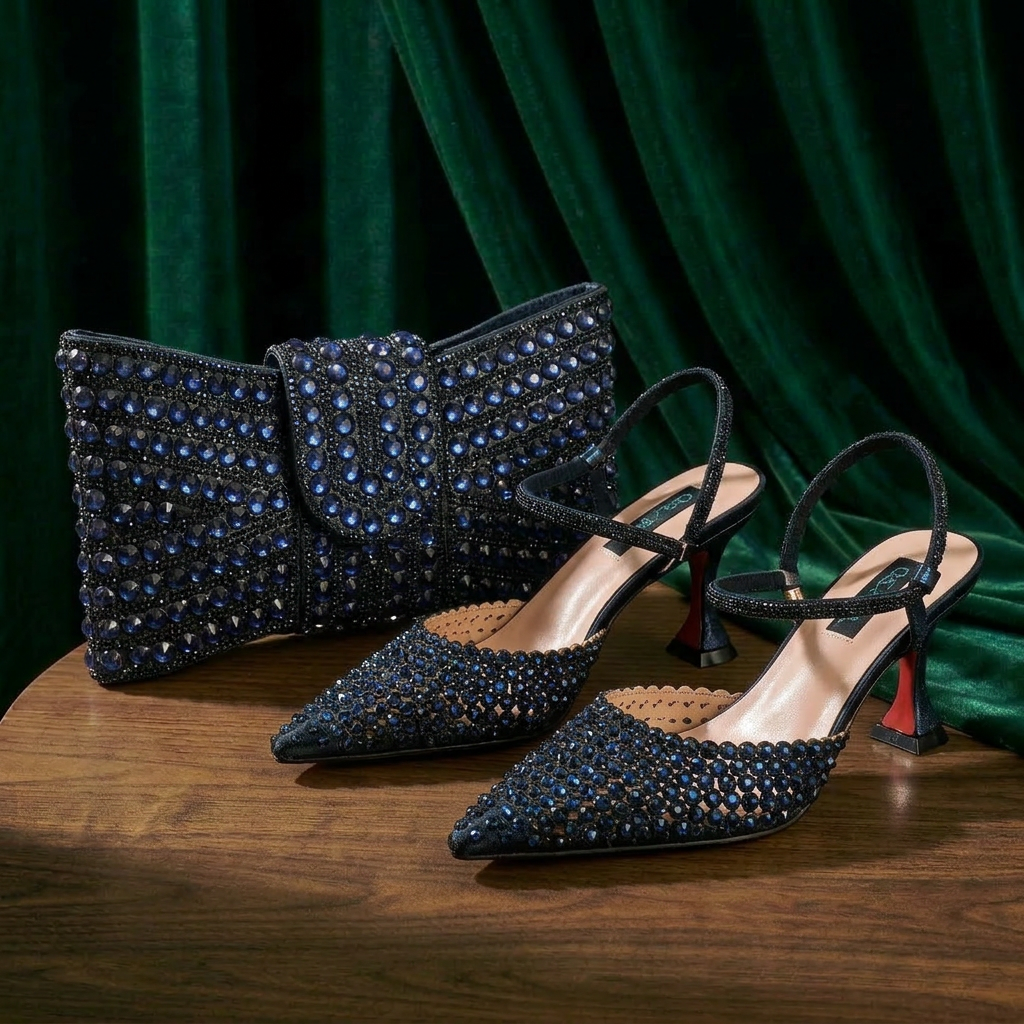 Ensemble sac à bandoulière et chaussures à talons hauts bleu marine, nouveau design, style nigérian, pour femmes, idéal pour les fêtes et le quotidien