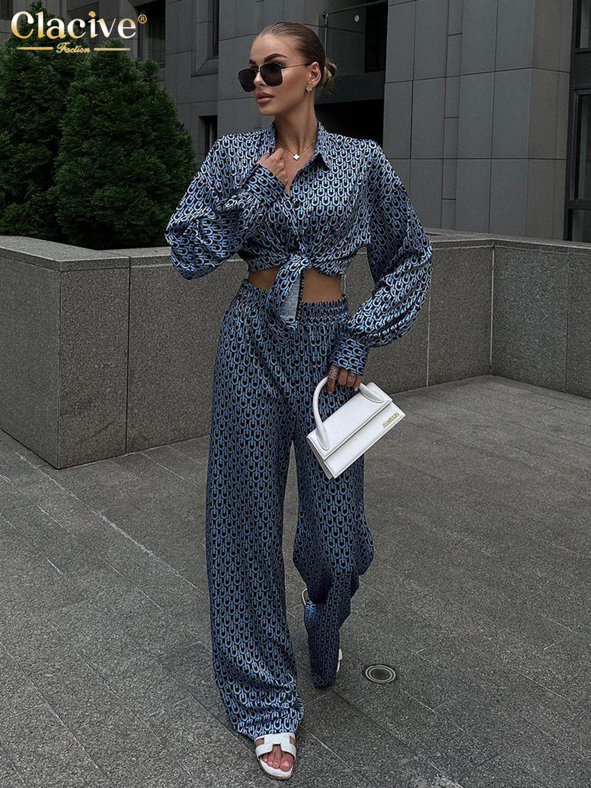 Clacive Mode Losse Print 2-delige sets Dames Outfit 2024 Elegant shirt met lange mouwen en hoge taille Wijde broek Set Streetwear