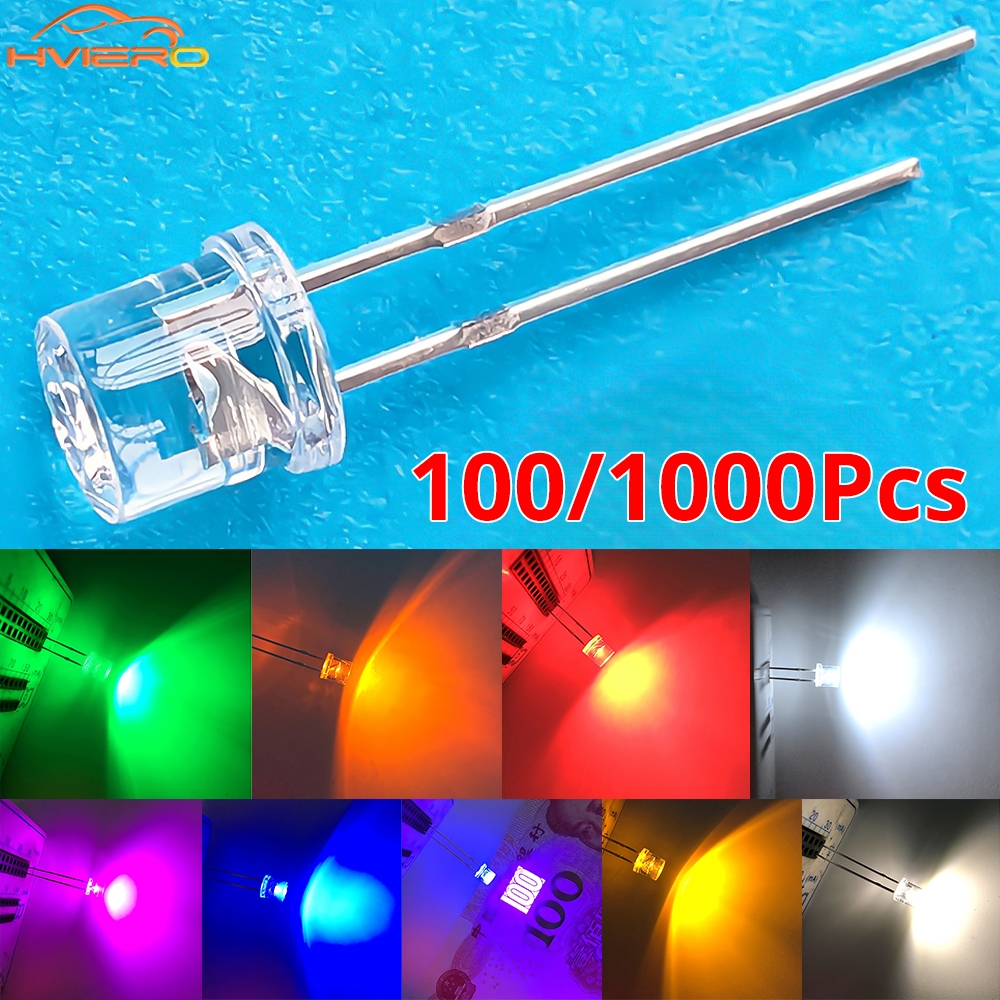 100/1000 Uds 5mm parte superior plana F5 diodo emisor LED gran angular bombillas ultra superbrillantes diodos de lámpara de luz blanco rojo amarillo azul verde