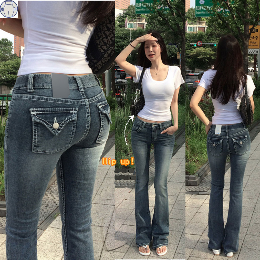 Celana Jeans Wanita Bergaya Gotik Buddha Y2K, Pakaian Hip Hop, Bordir Saku, Vintage Biru, Model Baggy Pinggang Rendah, Kaki Lebar