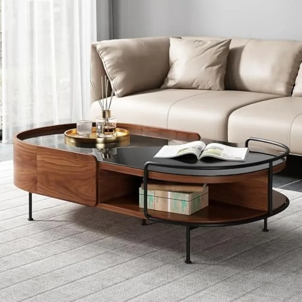 Mesa de centro, mesa de cristal negro ovalada de nogal, almacenamiento semicircular en la sala de estar, adecuada para mesa de centro de salón