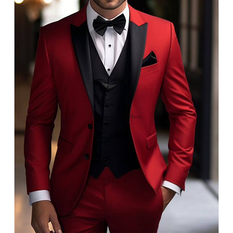 Kostüm homme rote Jacke Hose mit schwarzer Weste 3 Stück einreihige Peak Revers reguläre Länge Slim Fit Hochzeit Outfits schlank