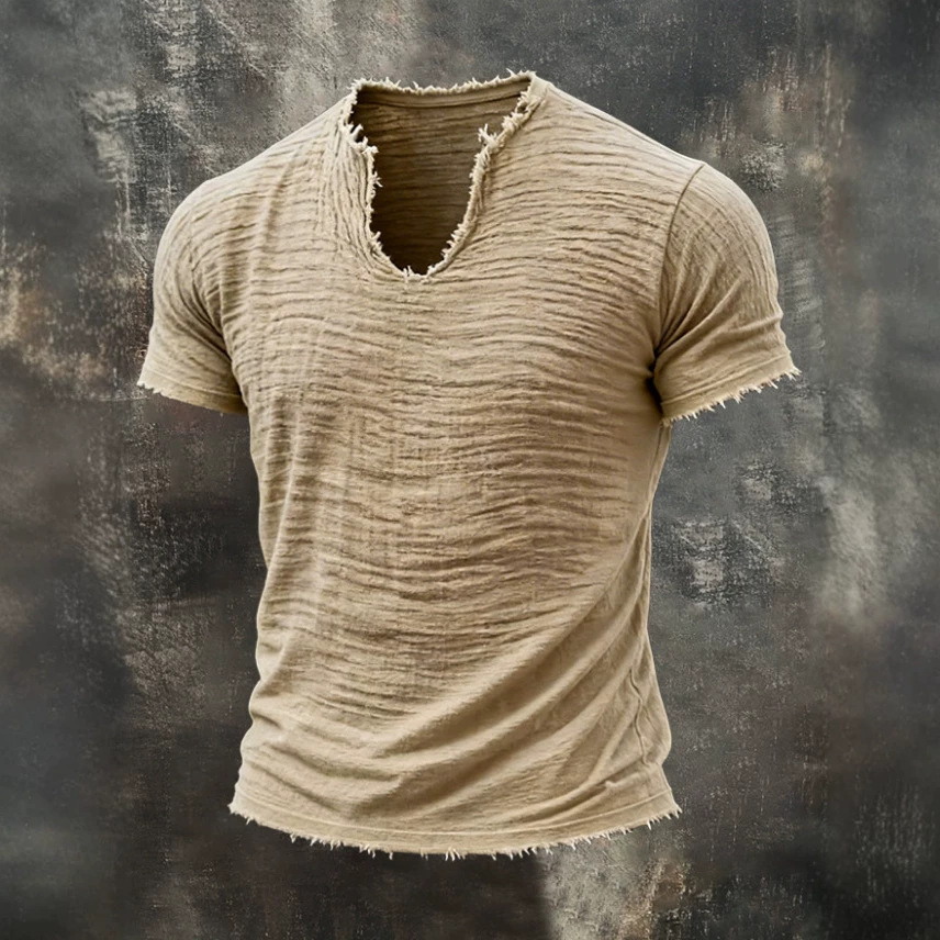 Camiseta Masculina com Decote em V e Mangas Curtas, Textura Amassada, 100% Algodão, Minimalista, Casual, em Cores Sólidas para Uso Diário