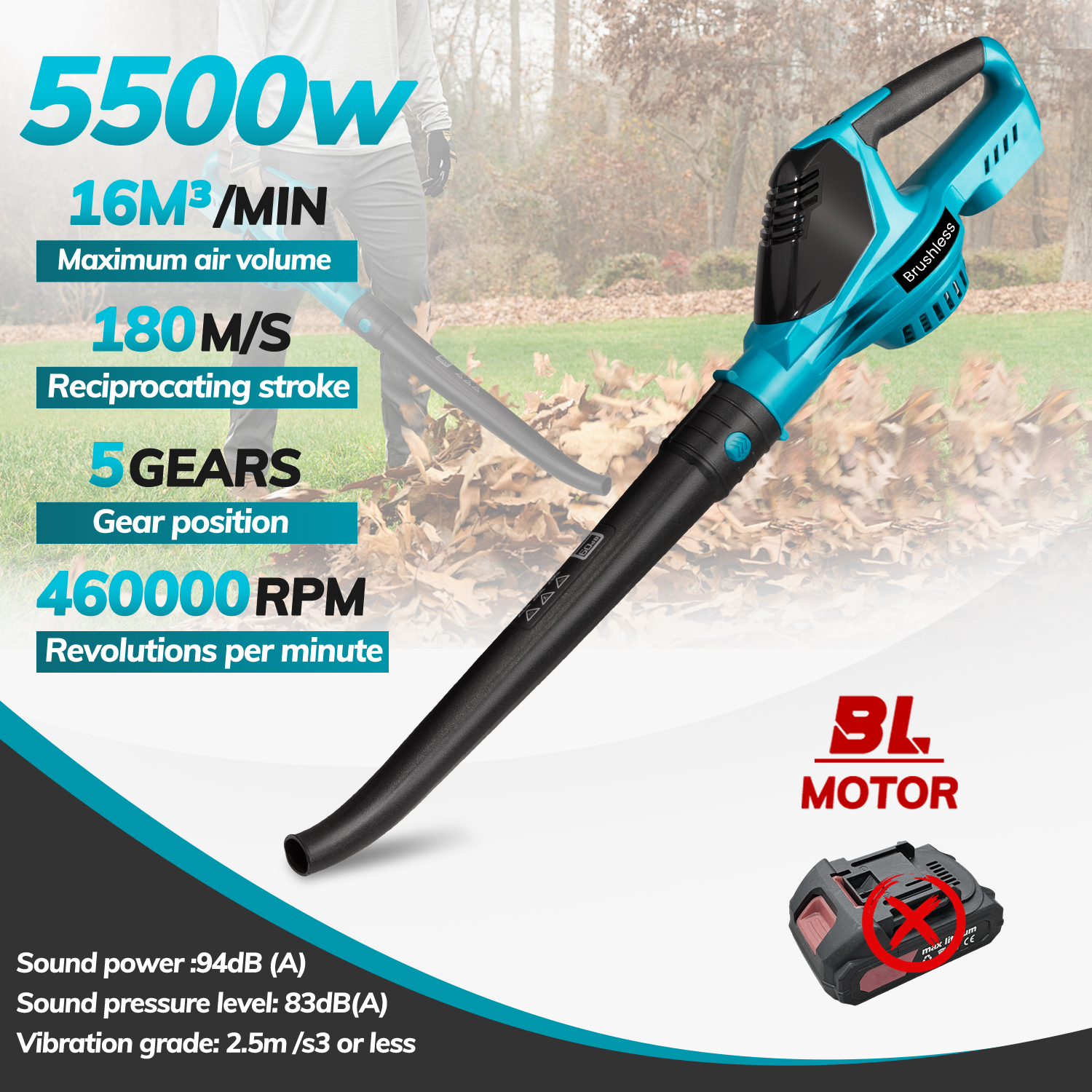 Soprador de folhas sem fio, 5500w, soprador de ar elétrico sem escova, 2 em 1, 5 engrenagens, limpador de neve, ferramenta elétrica para makita, pino de bateria de 18v