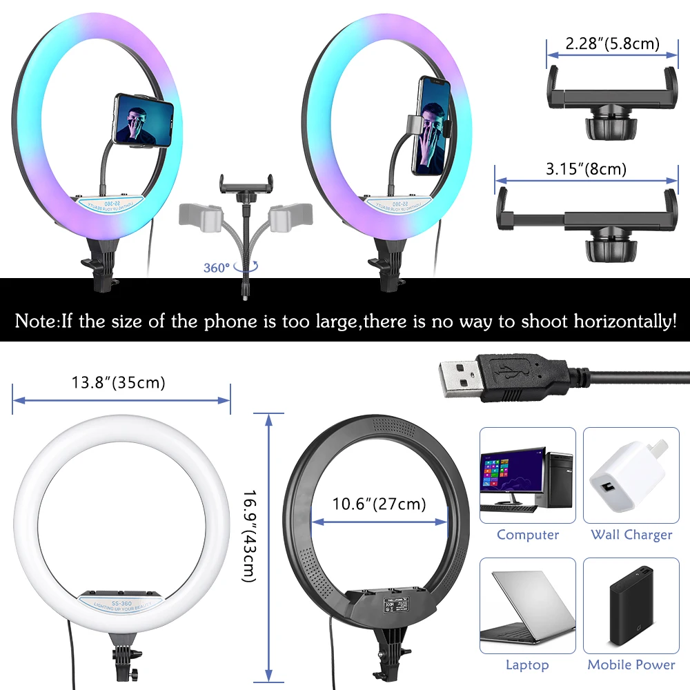Lampa pierścieniowa z uchwytem na telefon 14 Cal RGB Ringlight dwukolorowy regulowana dioda zestaw lampa leddo smartfona do zdjęć na żywo