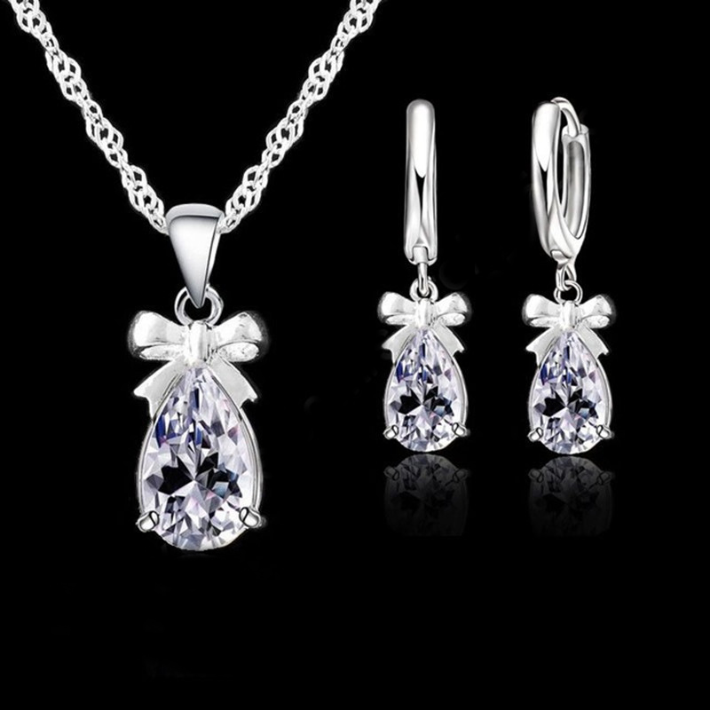 Nuevo conjunto de regalo Plata de Ley 925 auténtica Color con piedra blanca Zirconia cúbica pendiente colgante collar mujer conjunto de joyería