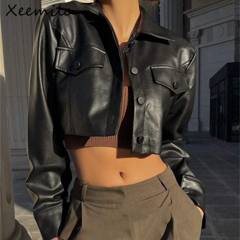 Xeemilo-Chaqueta corta de piel sintética para otoño, abrigo de PU con decoración de botones a la moda Y2K, abrigos informales de calle Grunge 2022