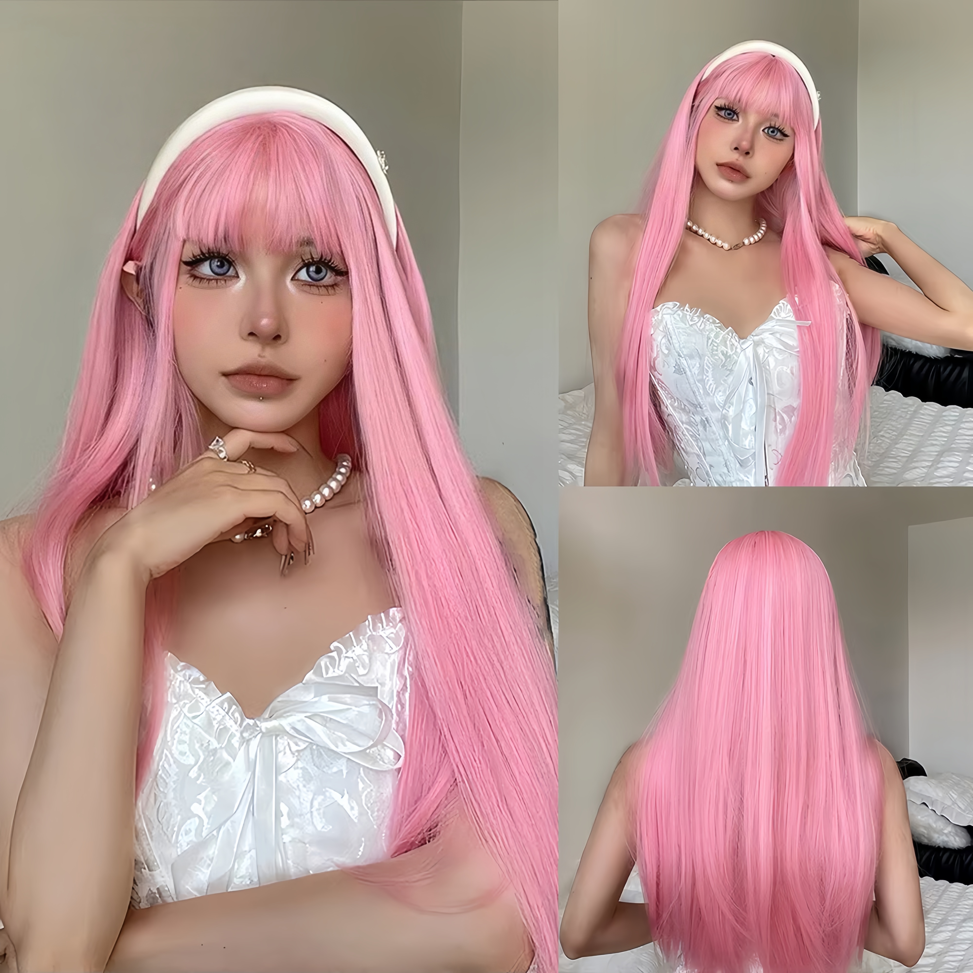 ピンクのロングストレートヘア合成ウィッグ、ハロウィンパーティーコスプレウィッグ、日常使用、高温耐熱ヘアアクセサリーウィッグキット