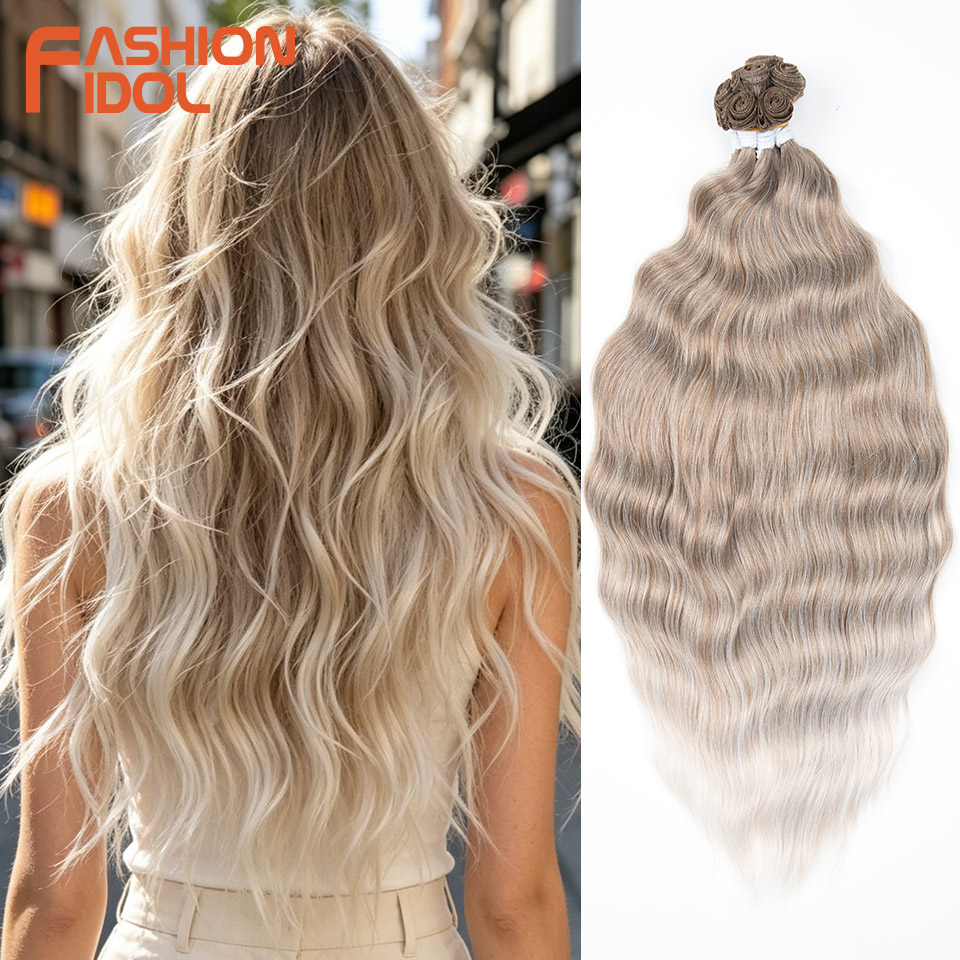 FASHION IDOL 22 Zoll 300 g/9 Stück lose Haarbündel mit Wasserwellenmuster, synthetische Haarverlängerungen, Ombre-Blond, Grau, künstliche Haarbündel