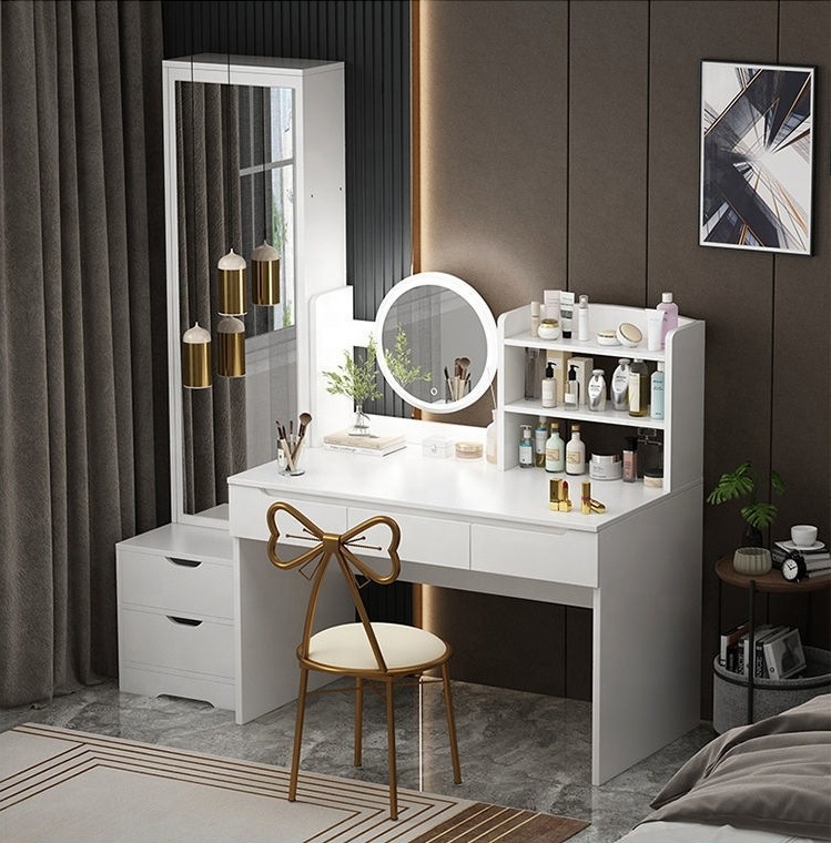 # Moderne verstelbare verlichte make-uptafel, moderne design slaapkamer make-uptafel met spiegel en stoelenset