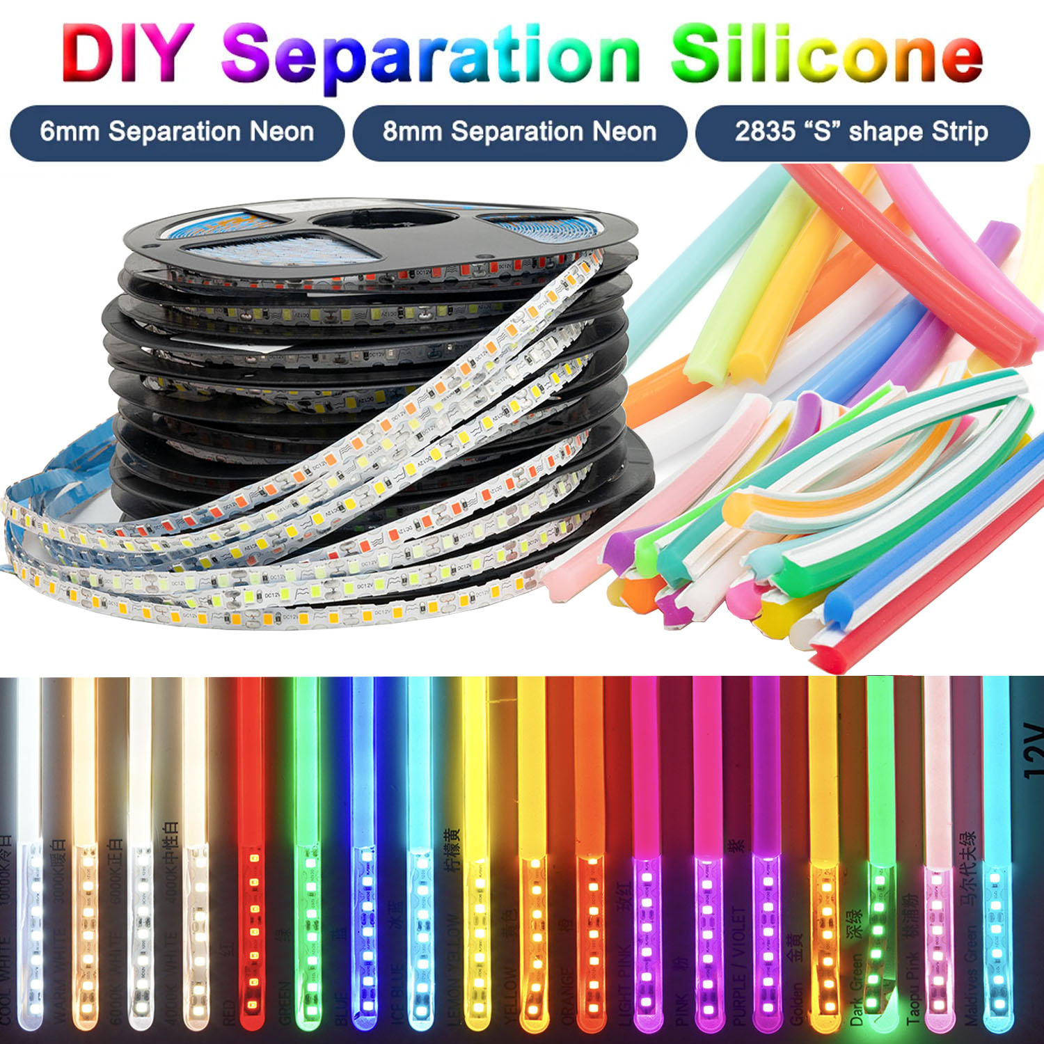 Tira de neón de silicona separada DIY de 6mm, 8mm, 12mm con DC12V 2835SMD S forma 120Leds tira de luz 1m-10m IP67 impermeable 12 colores