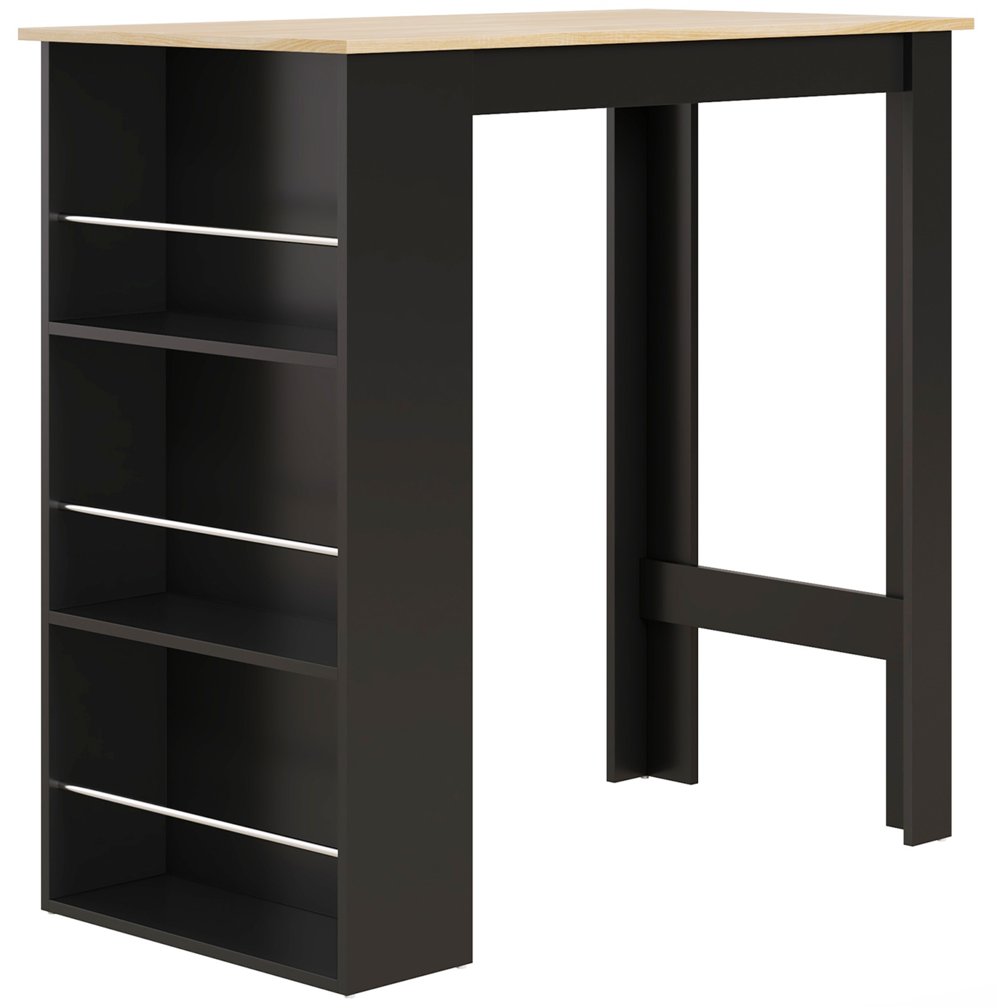 HOMCOM Mesa Alta de Bar Mesa de Cocina con 3 Estantes Marco de Madera Estilo Moderno 112x57x106 cm Negro y Natural