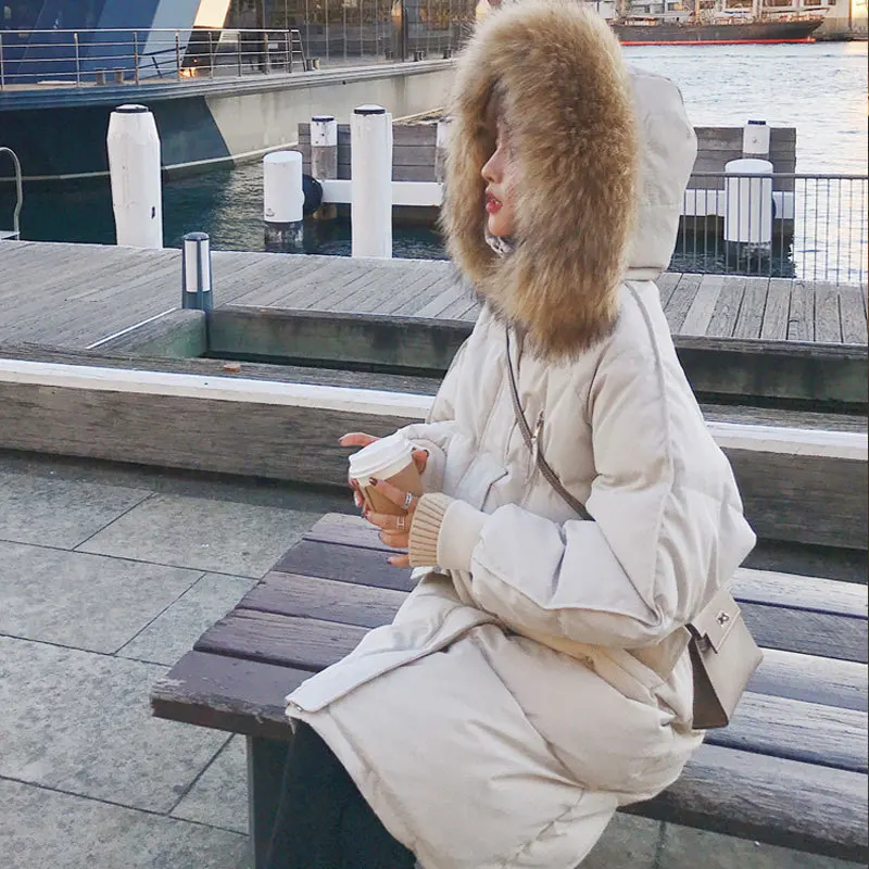 Neue warme Winter-Daunenjacke mit Kapuze und Pelzkragen für Damen, koreanische Version der lockeren, dicken, langen, mit Baumwolle gepolsterten Kleidung, Brot serviert