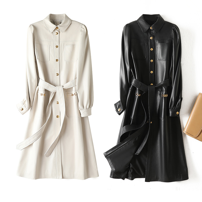 Casaco longo preto e branco feminino, couro genuíno, camisa de carneiro, jaqueta, cinto de bolso, manto fino, outono e inverno