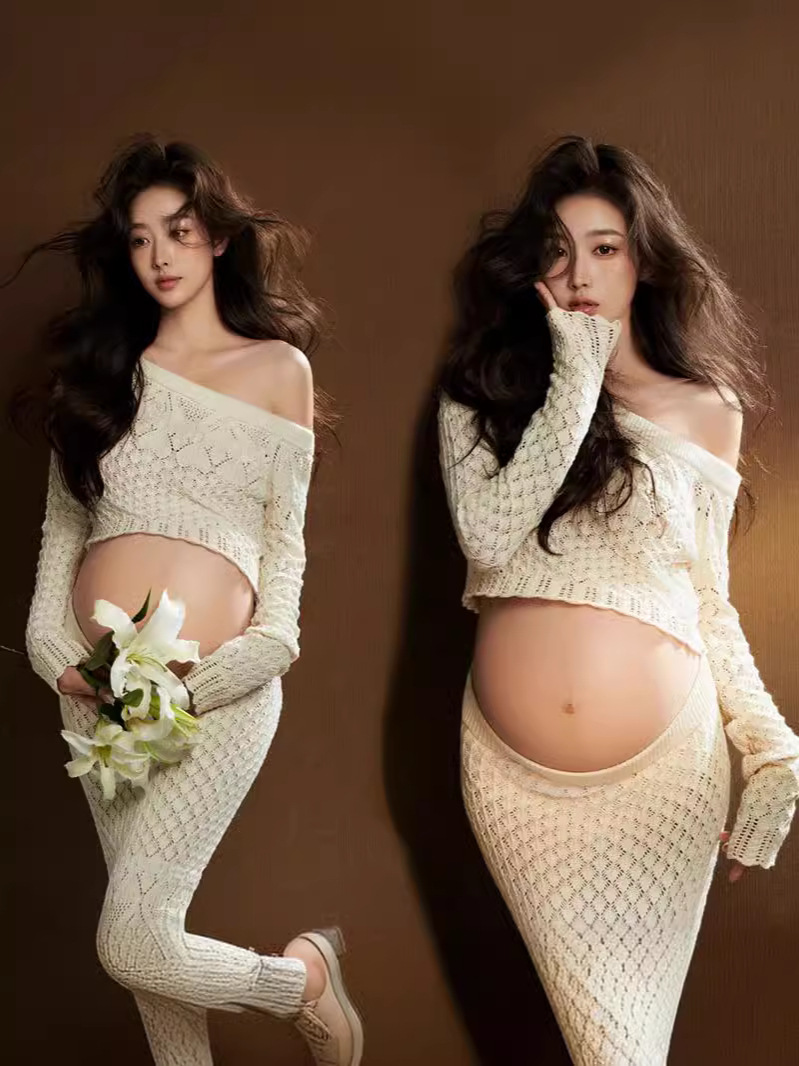 Gaun properti fotografi bersalin gaun mandi bayi Set dua potong renda berongga seksi gaun hamil Boho Pregnant