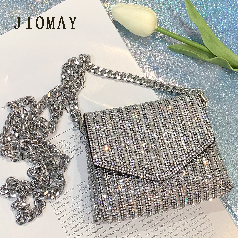 Nova Bolsa de Strass JIOMAY para Mulheres, Mini Bolsa Clutch Prateada Brilhante, Bolsa Transversal com Corrente para Meninas, Itens de Atacado para Pequenos Negócios