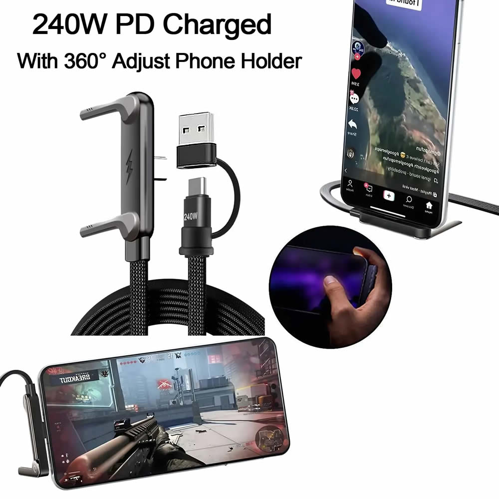 Carregador de Telefone Lateral, Cabo de Carregamento com Suporte Invisível, Cabo de Carregamento com Suporte para Telefone Integrado e Suporte Dobrável 2 em 1