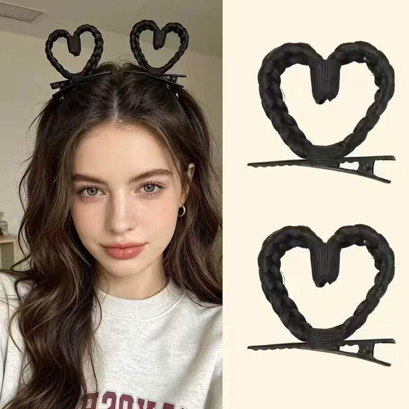 2/4 peças de presilhas de cabelo trançadas em formato de coração, presilhas sintéticas em formato de coração, acessório fofo para penteados diários de meninas.