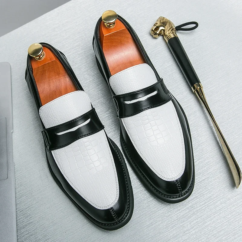 Sapatos Masculinos de Couro Preto e Branco com Padrão Crocodilo, Estilo Fashion, Cores Mistas, para Festas e Negócios, Luxuosos, Slip-On de Verão