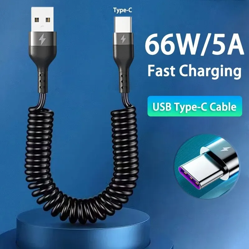 66W & LIGHTNING PD急速充電対応 Type C to Type C スプリング伸縮式ケーブル iPhone 15 14 Samsung Xiaomi OnePlusCar USB Type C用