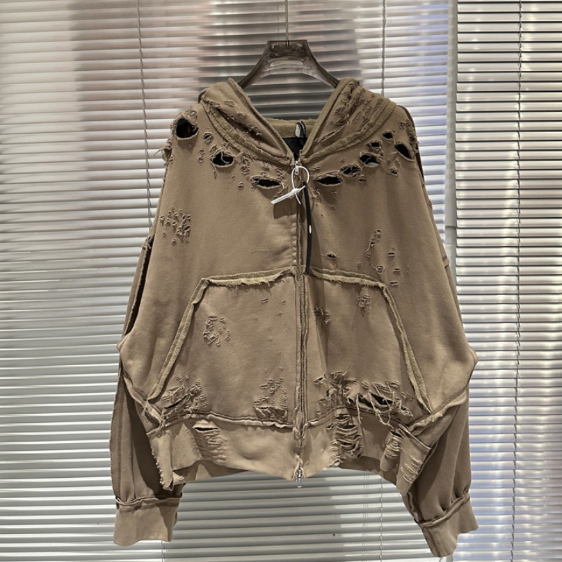 High Street Hip Hop détruire corroché sweat à capuche avec fermeture éclair hiver hommes femmes de haute qualité lavé faire vieille veste à capuche ample pulls