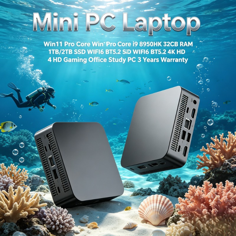 Mini PC Laptop Win11 Pro Core i9 8950HK 32GB RAM 1TB/2TB SSD WiFi6 BT5.2 4K HD para Jogos, Escritório e Estudo com 3 Anos de Garantia