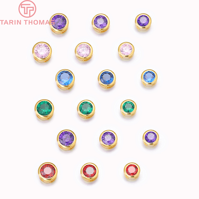 (4370)4PCS 5.3MM 5.7MM 6.3MM 24K Gold Color Plated Bras with Zircon Spacer Bracelet Beads Charms High Quality Jewelry Accessorie