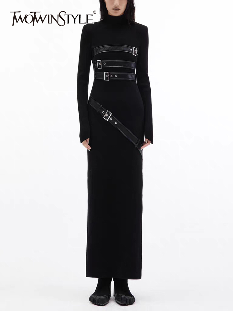 TWOTWINSTYLE-vestidos de línea A con cinturón dividido para mujer, cuello alto, manga larga, cintura alta, adelgazante, moda femenina, nuevo