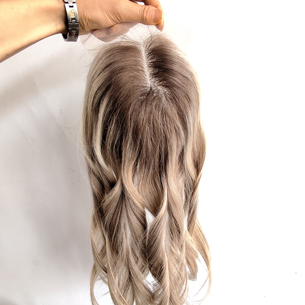 6x7 Echthaar-Lace-Topper mit dunklen Ansätzen, blond, gewellt, mit Clips, atmungsaktive Lace-Basis, Haarteil für Haarausfall und dünner werdendes Haar