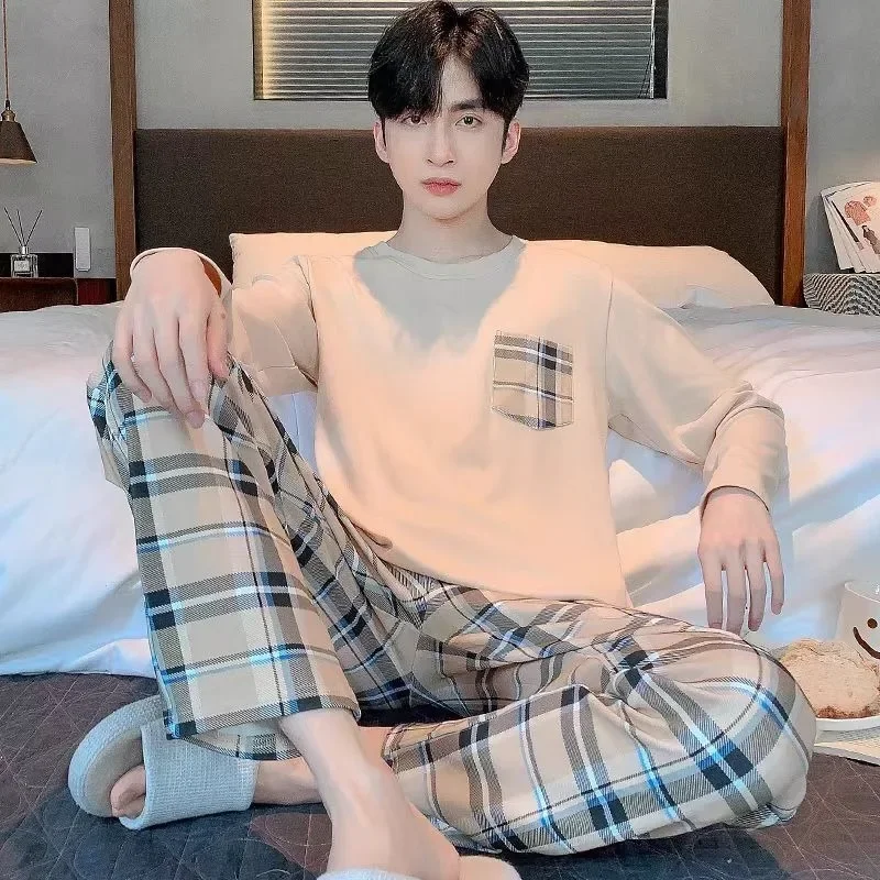 PLUS ขนาดชายชุดนอนชุดฤดูใบไม้ผลิและฤดูร้อนลายสก๊อตสีทึบชุดนอน Homewear เสื้อและกางเกงชุดนอน Loungewear