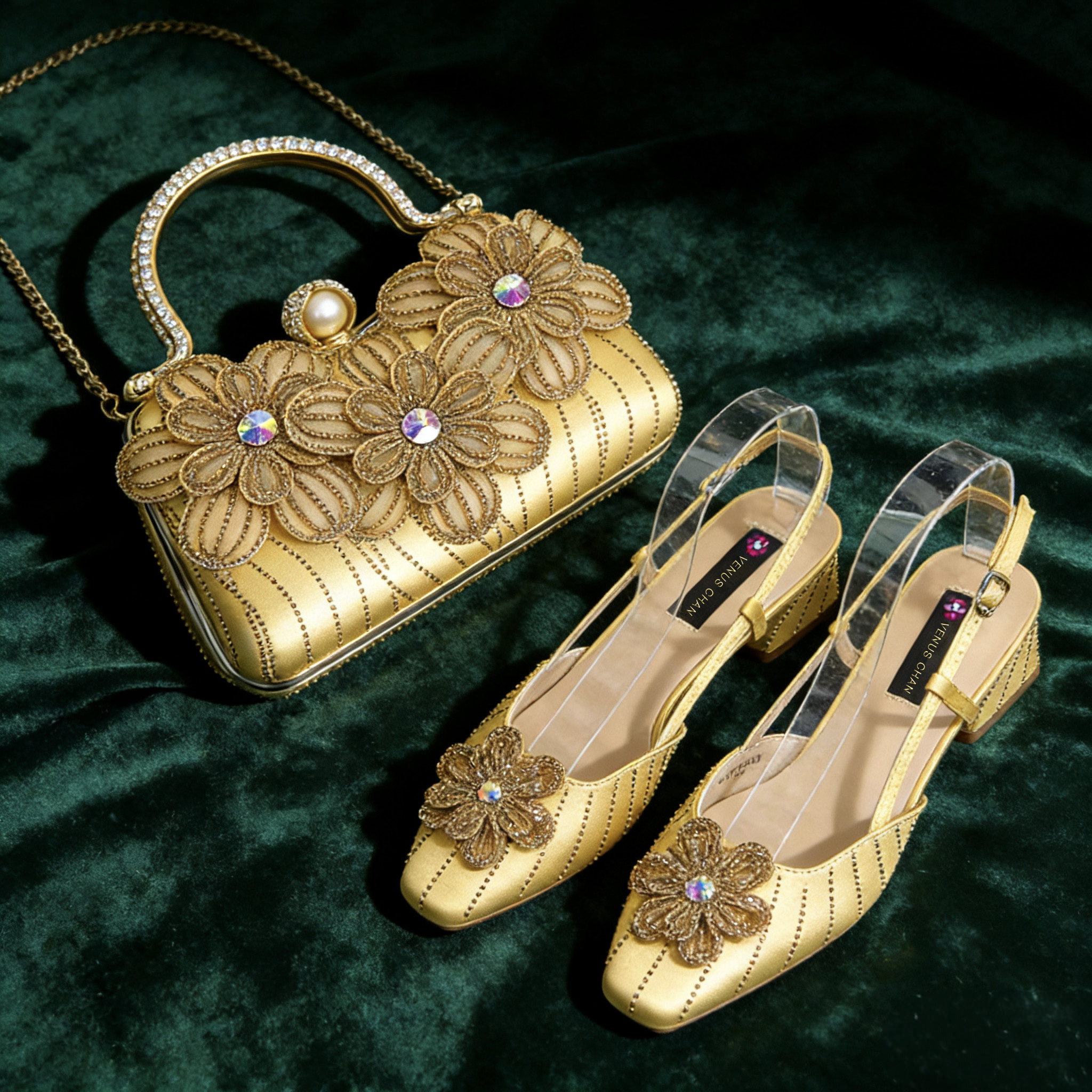 Zapatos y Bolso de Fiesta para Mujer, con Decoración de Tacón, Elegantes Zapatos de Boda con Flores y Bolso de Mano con Pedrería
