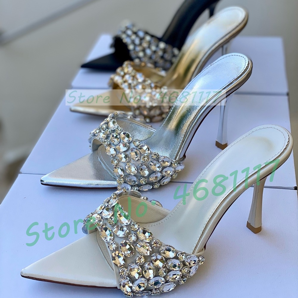Mules de Salto Alto Femininas de Couro Metálico com Cristais Brilhantes, Bico Fino Aberto, Luxuosas, para Uso Externo, Salto Agulha, Tamanhos Grandes, Personalizadas