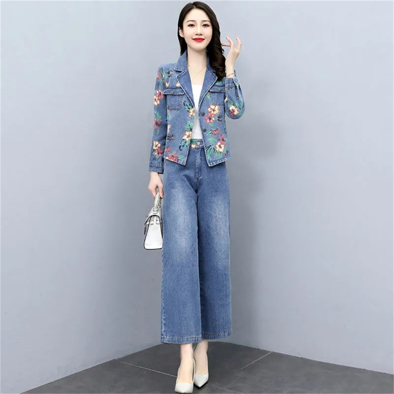Conjunto Feminino de Jaqueta Jeans Streetwear e Calça Wide-Leg Estampada Estilo Western Moda Primavera 2026