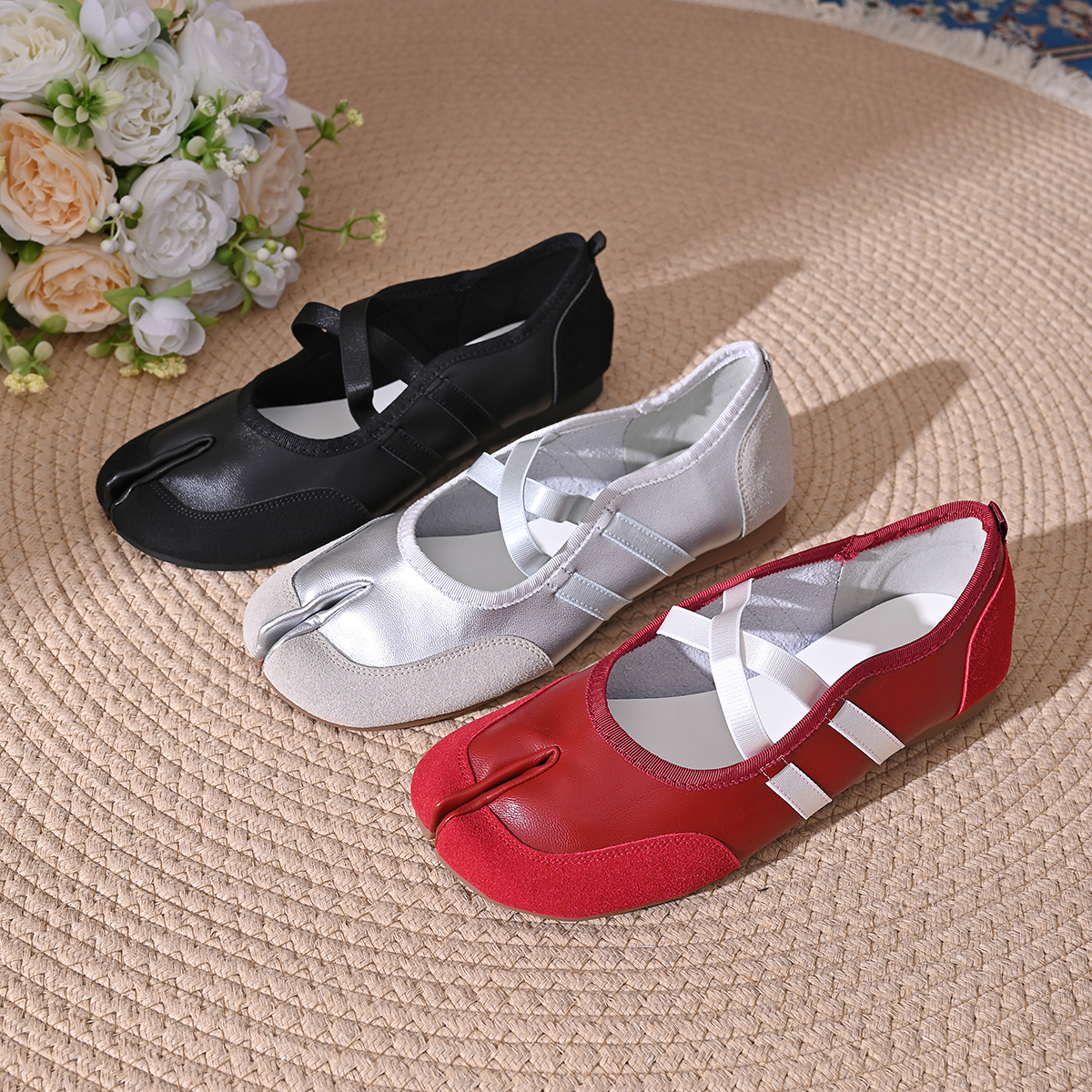 Split-Toe Casual Ballet Flats Schuhe Damen Echtes PU-Leder Kreuzband Mary Janes Schuhe Streetwear Elegante Loafers Neu Sommer