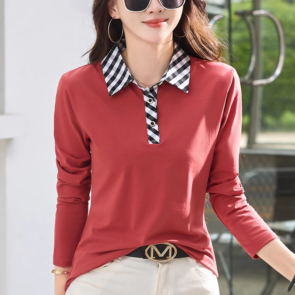 Camiseta de manga larga con solapa de estación europea para mujer, top de moda de alta gama, informal de lujo ligero, talla grande, primavera y otoño, nuevo