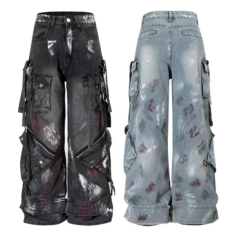 2000s Y2K heavy industry drag pants, gothic multi-pocket hiphop wijde pijpen jeans, gewassen zwarte jeans voor heren en dames, streetwear broeken