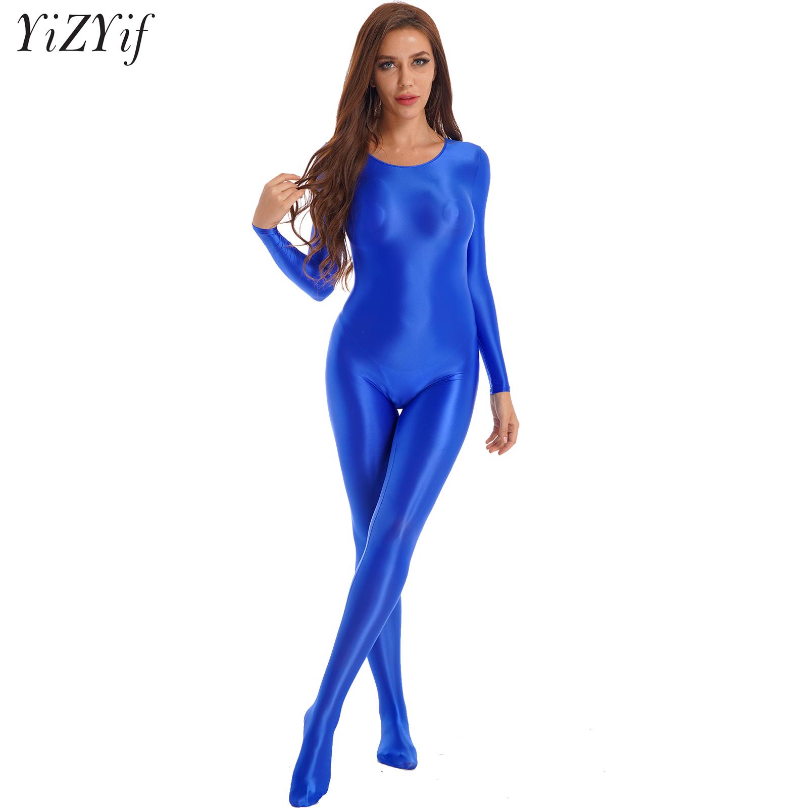 女性光沢のあるオイル長袖全身ユニタードボディスーツストッキングジャンプスーツ Bodystocking ヨガ体操シェイプウェアキャットスーツタイツ