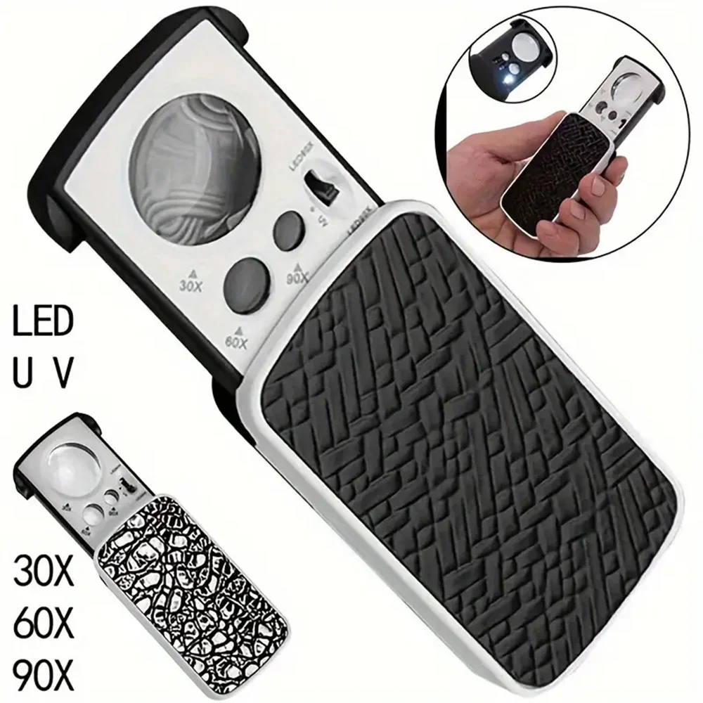 Lupa de aumento Triplex portátil 30X-90X-Lupa de joyería con luz LED/UV deslizante para gemología de precisión y micrograbado